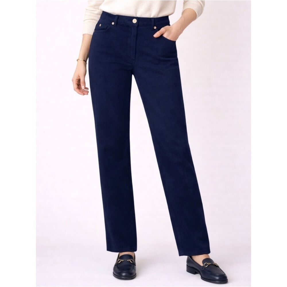 St. John Sport Pants Size 4 Navy Blue Straight Leg Stretch Trousers Logo Button